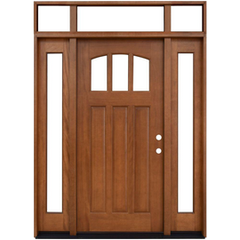 Craftsman 3 Lite Arch Stained Mahogany Wood Prehung Front Door with Sidelites and Transom