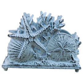 Rustic Whitewashed Cast Iron Seashell Napkin Holder 7 Inch